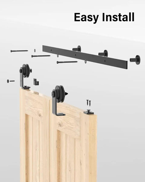 Top Shelf Bifold Barn Door Hardware Kit Featuring A Silky Smooth 36 Inch Rail Setup Built For Two 16 Inch Doors Easy Height Tuning Rollers Plus Quiet Rubber Edge Guards Finished In Classic Black