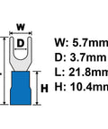 Diagram showing Heavy Duty Narrow Insulated Fork Spade Crimp Connector For 16-14 AWG Wire M3.5 Terminal dimensions