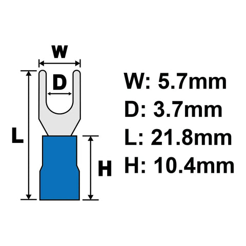 Diagram showing Heavy Duty Narrow Insulated Fork Spade Crimp Connector For 16-14 AWG Wire M3.5 Terminal dimensions