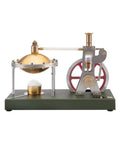 Build Your Own Badass Vertical Steam Engine Model Kit With A Transparent Cylinder Piston And Flywheel Power System Using Full Metal STEM Educational Parts And Rock Solid Spherical Boiler Design For Real Weekend Engineering Joy, showcasing a gold spherical boiler and red flywheel in a compact metal design.