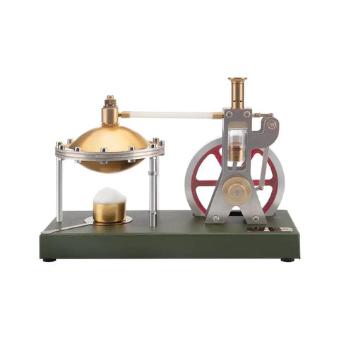 Build Your Own Badass Vertical Steam Engine Model Kit With A Transparent Cylinder Piston And Flywheel Power System Using Full Metal STEM Educational Parts And Rock Solid Spherical Boiler Design For Real Weekend Engineering Joy, showcasing a gold spherical boiler and red flywheel in a compact metal design.