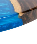 Close-up of 16 Inch Reversible Epoxy Wood Lazy Susan With Blue Gradient Marble Surface for dining table and kitchen.
