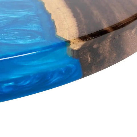 Close-up of 16 Inch Reversible Epoxy Wood Lazy Susan With Blue Gradient Marble Surface for dining table and kitchen.