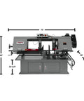 Badass 10 X 18 Inch Metal Cutting Dual Miter Horizontal Band Saw Featuring 2Hp 230V One Phase Motor Hydraulic Feed And Blade Sensor For Your Hella Tough Shop Setup side view with dimensions.