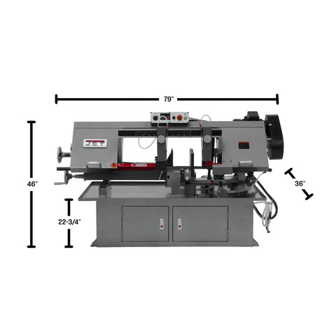 Badass 10 X 18 Inch Metal Cutting Dual Miter Horizontal Band Saw Featuring 2Hp 230V One Phase Motor Hydraulic Feed And Blade Sensor For Your Hella Tough Shop Setup side view with dimensions.