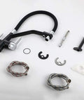 GAZOGJ 3-Way Kitchen Faucet with 360°Rotatable Shower Head parts, black hose and chrome connectors for water filter systems.