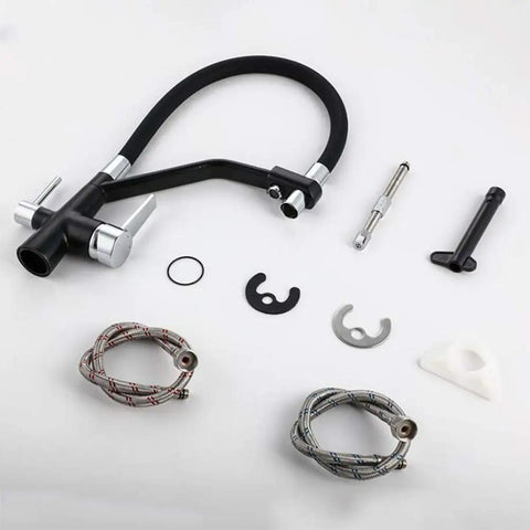 GAZOGJ 3-Way Kitchen Faucet with 360°Rotatable Shower Head parts, black hose and chrome connectors for water filter systems.
