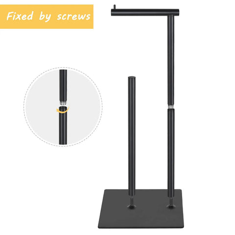Freestanding Toilet Paper Holder Stand With Storage For Bathroom Black Iron Dispenser, shown assembled with screws detail.