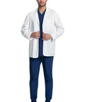 Men's 30 Inch Lab Coat White Consultation Coat With Durable Mechanical Stretch Fabric Modern Fit Notched Lapels For Easy Mobility