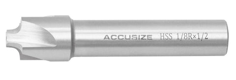 Side view of Accusize HSS corner rounding end mill, 1/2 in shank, 5/8 in cutter diameter, 3 in overall length.
