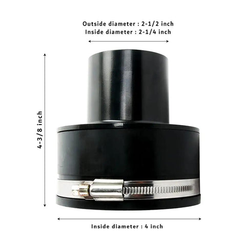 Front view of 4 Inch To 2-1/4 Inch Dust Collector Reducer Adapter For Shop Vac Hoses With ABS End Rubber Boot And Steel Hose Clamp