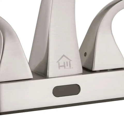 Close-up of Touchless Two Handle 4 Inch Centerset Brushed Nickel Bathroom Faucet With Motion Sensor No Touch Operation 1.2 GPM