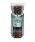 Infinity Plus Conical Burr Grinder Bundle with large bean container visible and stainless steel construction, front view.