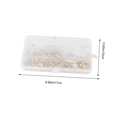 Top Shelf Brass Hexagon Column Standoff Screw And Nut Assortment Kit For Electronics And Tech Rig in clear storage box.