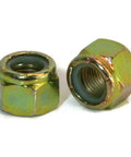 Bulk Pack Of One Thousand Yellow Zinc Plated Nylon Lock Nuts Grade C Steel Hex Fasteners 1.18 inch 7UNC threads in close-up