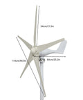 Kickass Wind Turbine Kit 1200W 12V with 5 blades, white, side view showing measurements, for home and industrial use, durable and waterproof.