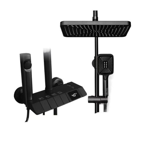 RIBEUJIZS Digital Display Bathroom Shower Faucet Sets with black rainfall head and high-pressure handheld shower, modern design.