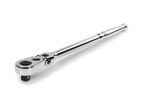 3/8 Inch Drive 12 Inch Flex Head Quick Release Long Ratchet With 180 Degree Flex 9 Detent Angles And 90 Tooth Gear in chrome finish