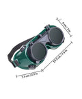 Top Shelf Welding Goggles Four Pack Anti Glare Safety Glasses With Comfy Adjustable Fit Rock Solid Build showing measurements and features.