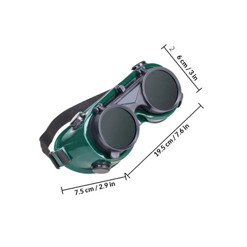 Top Shelf Welding Goggles Four Pack Anti Glare Safety Glasses With Comfy Adjustable Fit Rock Solid Build showing measurements and features.