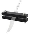 Rugged Hardened File Guide Knife Making Tool for DIY knife makers, showing adjustable clamp holding a blade for squaring hidden tang shoulders.