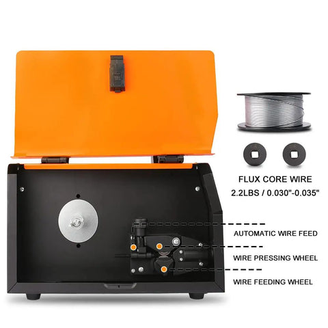 140Amp MIG Welder Flux Core Gasless 110V Inverter with open cover displaying wire feed mechanism and spool for DIY welding