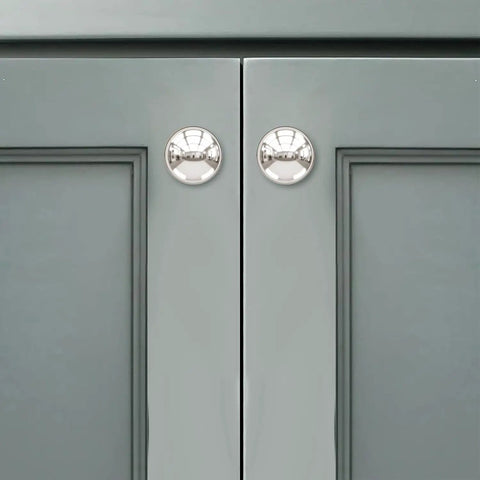 Premium Polished Nickel Cabinet Knobs Two Pack Solid Heavy Duty Handles For Drawers Dressers Bathrooms on grey cabinets.