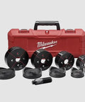 M18 Exact 2-1/2 to 4 Inch Knockout Set for Electrical Rough-In with red case and cutting dies