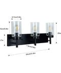 Vintage Vibes Wall Light Fixture With 3 Clear Glass Shades In Matte Black Finish, dimensions labeled, E26 Base Sconce Lamp