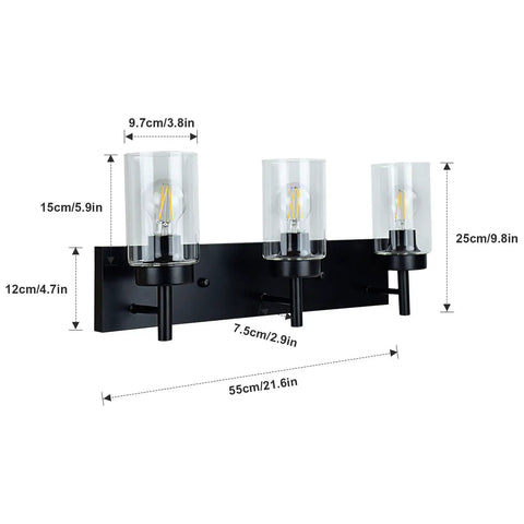 Vintage Vibes Wall Light Fixture With 3 Clear Glass Shades In Matte Black Finish, dimensions labeled, E26 Base Sconce Lamp