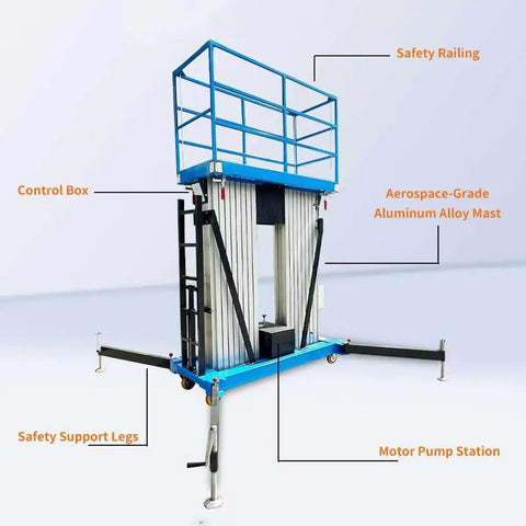 Built Tough Mobile Aerial Work Platform With 19 Foot Lift Height And 440 Lb Capacity showcasing safety railing, control box, and aluminum alloy mast.
