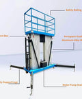 Heavy Duty Workhorse 45 Ft Twin Mast Aluminum Electric Aerial Work Platform Table With 440 Lb Capacity detailed view showing control box, safety railing, and aluminum mast.