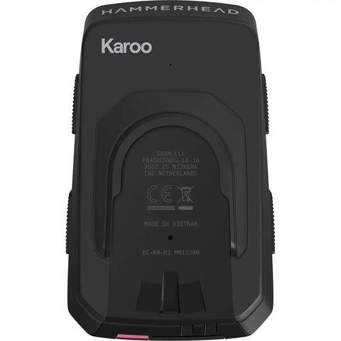 Rear view of Hammerhead Karoo GPS Bike Computer with model details and branding, featuring a black casing for 31.8mm mount system.