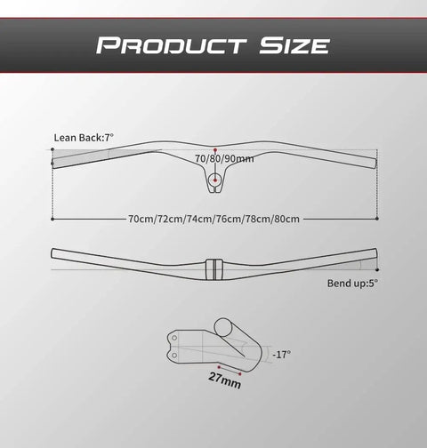 Diagram of Carbon Mountain Bike Handlebar Built For Real Riders 760mm Wide 28.6mm Clamp 1 1/8 Inch Integrated UD Matte Finish T700 Carbon Fiber