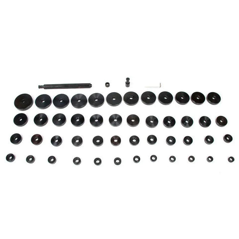 49 interchangeable discs from 52 In 1 Custom Bushing Driver Tool Set Pro Grade All In One Kit with transmission and axle tools.