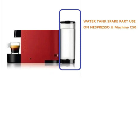 Replacement Water Tank And Lid For Coffee Machines Compatible With Nespresso U Series C50 D50 Reservoir Cover With Clear Water Level Scale For Easy Brews And Odorless Safe Materials shown attached to a red coffee machine.