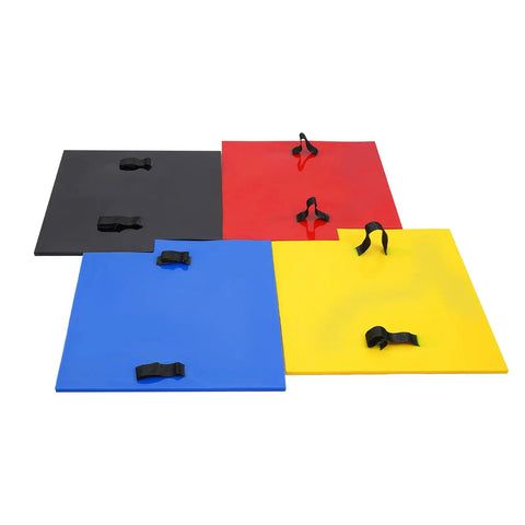 Four Piece Concrete Stamp Set With PU Stone Texture Imprint Skin, 24 By 24 Inches, shown in assorted colors with handles for patios, driveways, walkways.