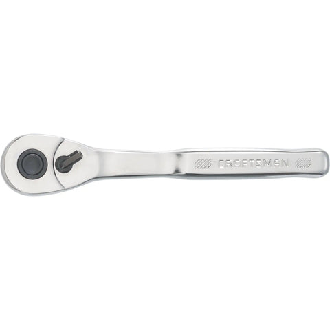 Top Shelf Ten Piece Mechanics Tool Set With Three Eighth Inch Drive Ninety Tooth Low Profile Ratchet full polish chrome ratchet head side view.