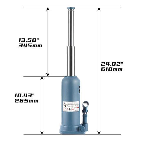 Front view of blue BAOSHISHAN 4-ton bottle jack with chrome lifting rod and detachable handle