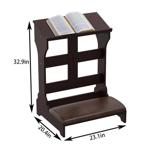 Solid Wood Prayer Kneeler Bench With Soft Kneeling Pad Cozy Home Church Stool With Built In Book Shelf Ergonomic Sturdy Kneeling Prayer Seat For Daily Devotion And Bible Reading, brown with dimensions.