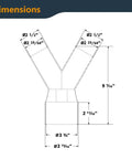 Technical drawing of 4 Inch To 2-1/2 Inch Dust Collection Splitter Fitting with measurements, showing dimensions for hoses.