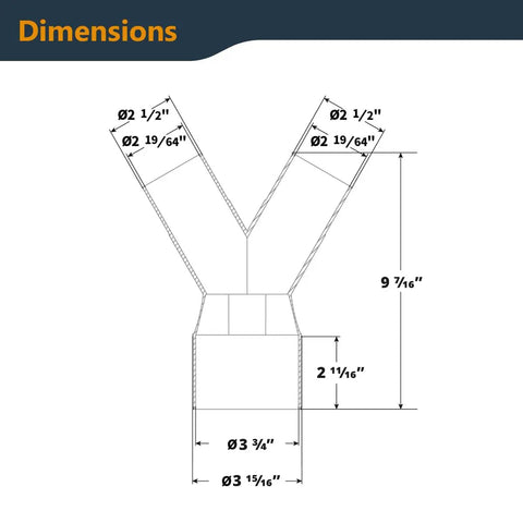 Technical drawing of 4 Inch To 2-1/2 Inch Dust Collection Splitter Fitting with measurements, showing dimensions for hoses.