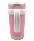 Front view of a pink mug with Anti Slip 20 Oz Tumbler Handle With Comfy Grip For Vacuum Insulated Travel Mugs Fits Yeti Rambler Ozark Trail And Most 20 Ounce Cups And Car Cup Holders White.