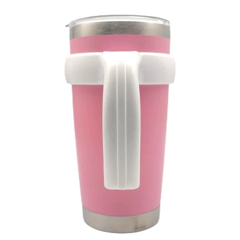 Front view of a pink mug with Anti Slip 20 Oz Tumbler Handle With Comfy Grip For Vacuum Insulated Travel Mugs Fits Yeti Rambler Ozark Trail And Most 20 Ounce Cups And Car Cup Holders White.