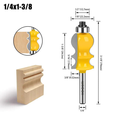 Master Slick Woodwork With This Killer Architectural Molding Router Bit Set Boasting Three Classic Profiles And A Secure Quarter Inch Shank Ideal For Hella Fast Furniture Crafting And Cabinetry Work Needing Pro Level Precision No Setup Hassle 1/4 inch shank router bit with yellow handle and detailed measurements for woodworking.