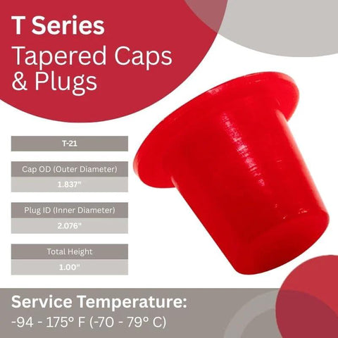 Red LDPE dust seal cap plug for protective closures, masking, and SAE fittings with Cap OD 1.837" and Plug ID 2.076"