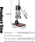Manual Leverage Espresso Coffee Maker With 16 Bar Hand Pressure Pump Built From Tough 304 Stainless Steel dimensions and details.