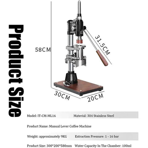 Manual Leverage Espresso Coffee Maker With 16 Bar Hand Pressure Pump Built From Tough 304 Stainless Steel dimensions and details.