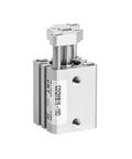 Rock Solid Guided Pneumatic Cylinder Featuring Single Rod Setup With Heavy Duty Aluminum Construction And Rugged Steel Guide Bars To Kill Lateral Torque And Deliver Dead On Precision Stroke For Garage And Plant Upgrades, featuring aluminum body and dual steel rods.