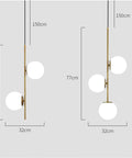Dope 2 Light Globe Pendant Lighting With White Glass Shades And Brass Gold Metal Accents, dimensions shown